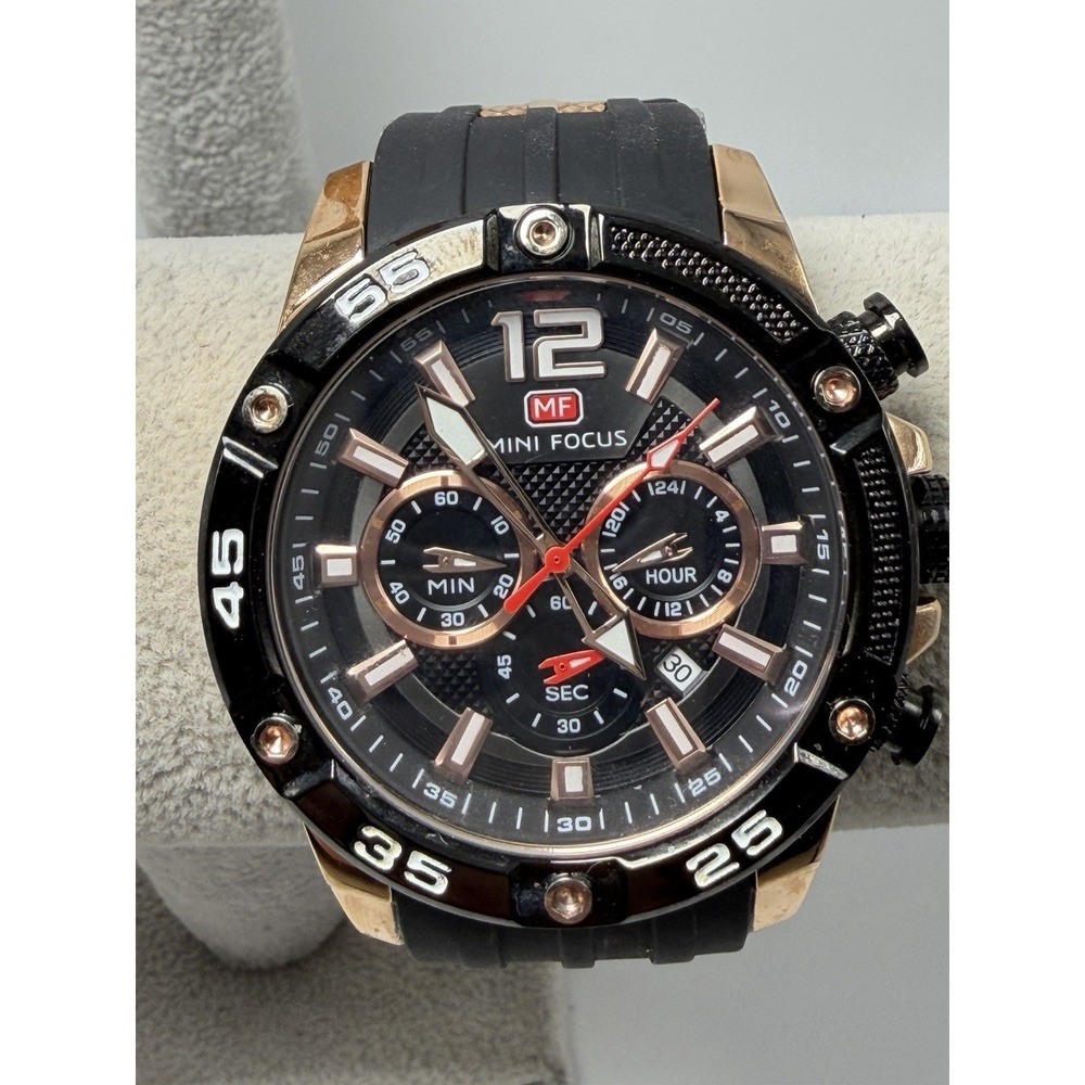 Mini Focus MF0349G New Battery Mens Chronograph Watch 50MM 8.5"‎ Silicone Band